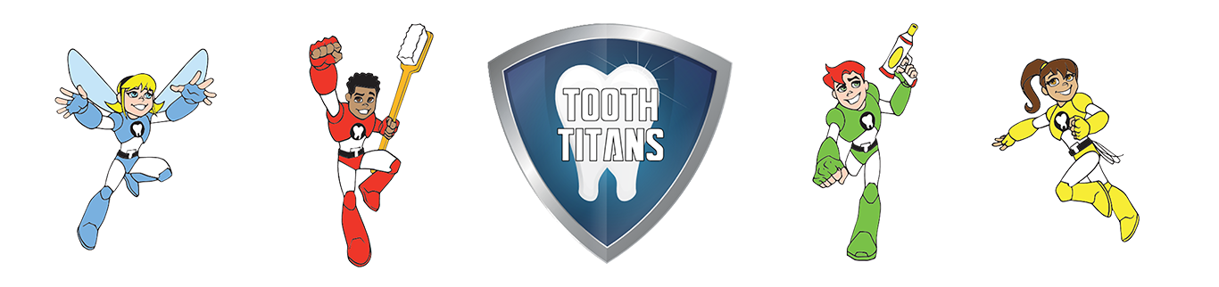 Tooth Titan blue, red, green, and yellow characters