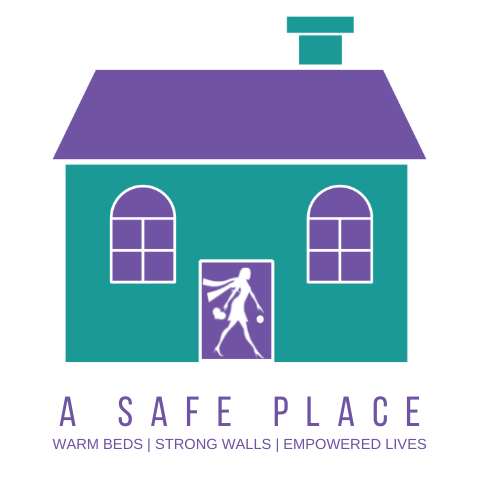 A Safe Place logo. Women with purple scarf and turquoise purse.